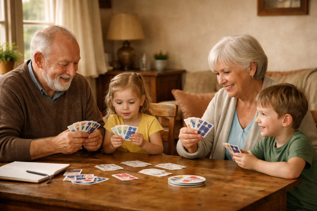Grandparents playing a calm card game with children in a cozy home