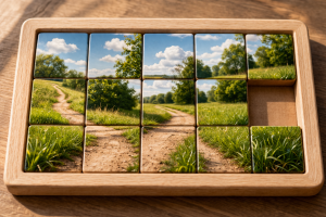 sliding puzzle with mixed tiles on wooden board