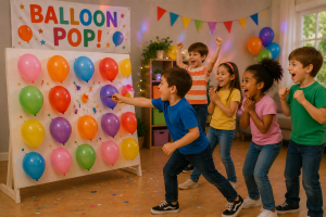 Blindfolded boy playing Pin the Tail on the Donkey during an indoor birthday party while other children laugh and cheer.