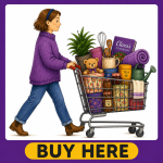 Clara pushing a shopping trolley with a Buy Here button underneath