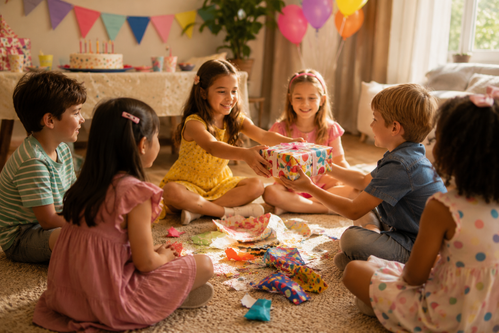 Children sitting in a circle indoors playing Pass the Parcel at a calm home birthday party with wrapped gifts, balloons, and birthday decorations.