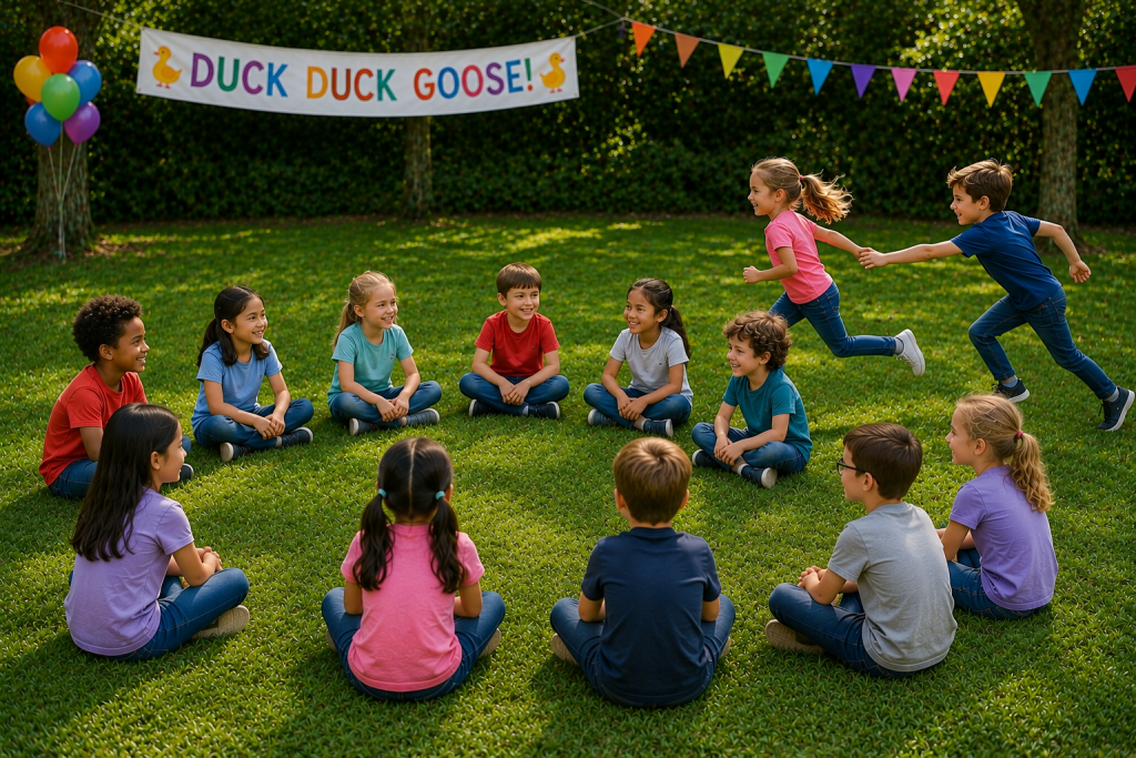 Children playing Duck Duck Goose in a sunny garden while one boy chases a girl running around the outside of the seated circle