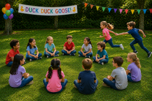 Children playing Duck Duck Goose in a sunny garden while one boy chases a girl running around the outside of the seated circle