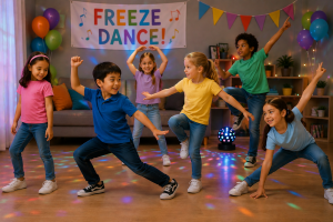 Children frozen in funny dance poses during an indoor Freeze Dance party game with colorful lights and decorations.