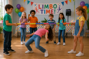 Children playing Limbo during an indoor birthday party while a girl bends backwards under a colorful limbo bar.