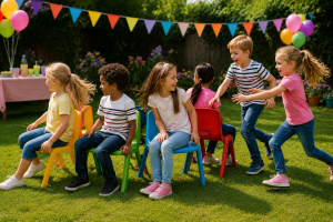 Children playing Musical Chairs during an outdoor garden birthday party while two children rush toward the last remaining chair.