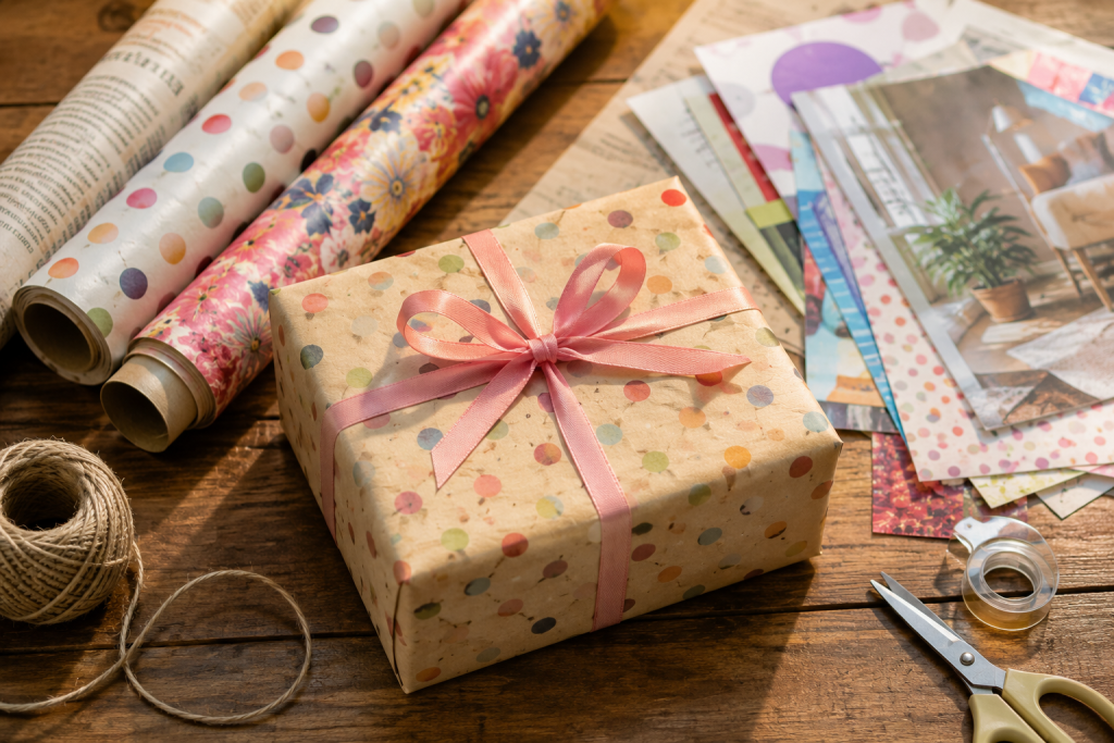 Wrapped Pass the Parcel birthday game gift on a wooden table with wrapping paper, magazine pages, scissors, and string prepared for a children’s birthday party.
