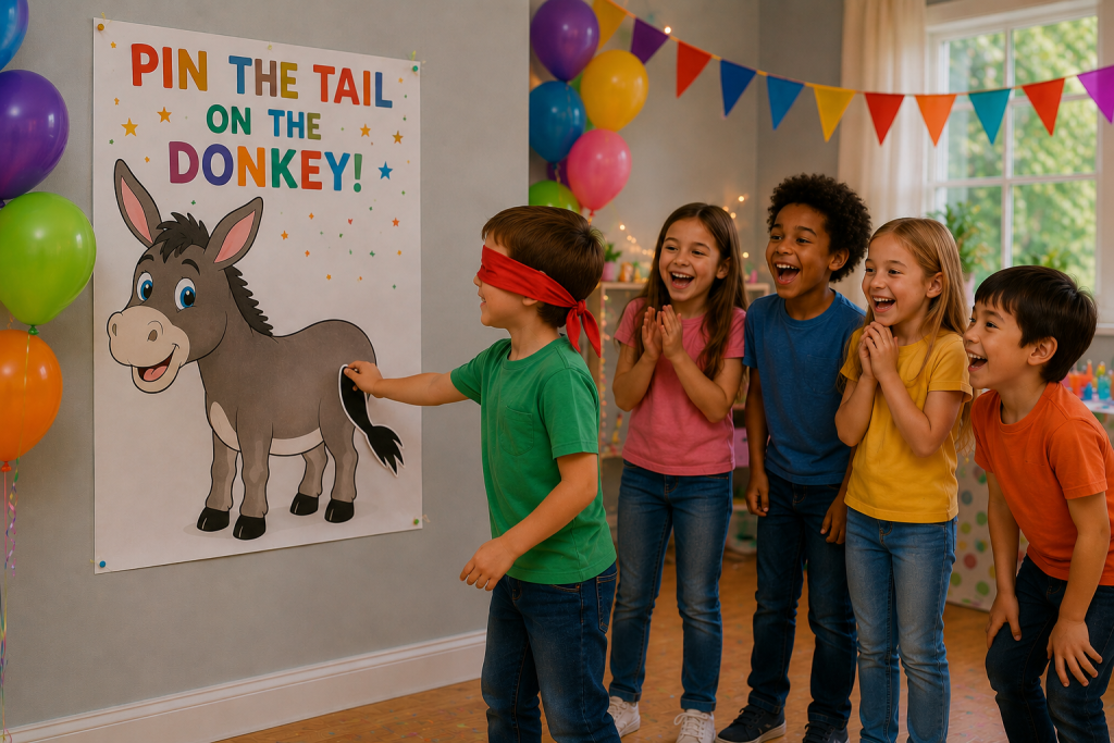 Blindfolded boy playing Pin the Tail on the Donkey during an indoor birthday party while other children laugh and cheer