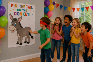 Blindfolded boy playing Pin the Tail on the Donkey during an indoor birthday party while other children laugh and cheer