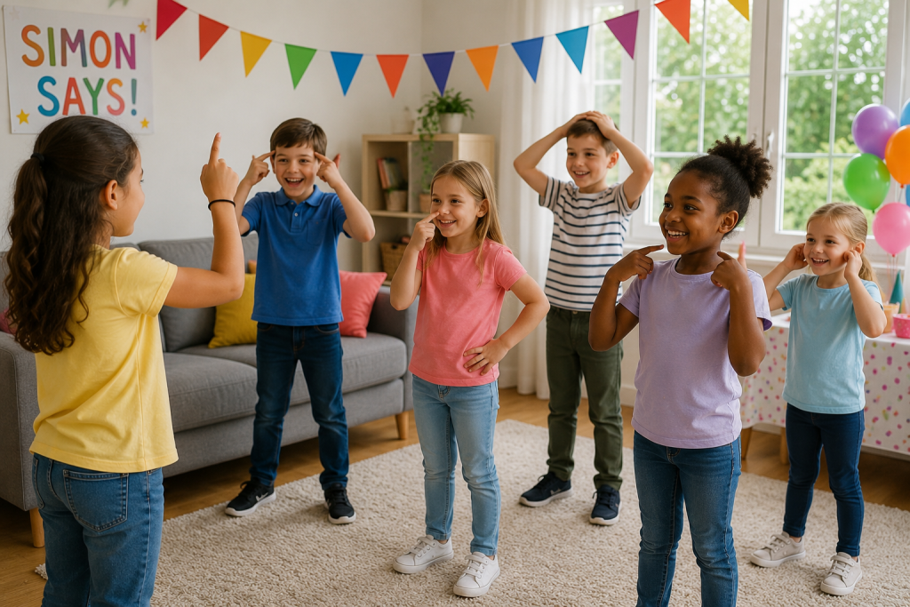 Children playing Simon Says during an indoor birthday party while following different funny instructions from the game leader