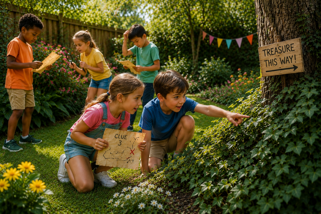 Children searching for hidden treasure during an outdoor garden treasure hunt while two children discover a clue hidden in the bushes.