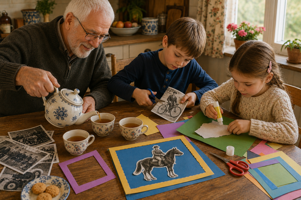 Grandfather and two children creating memory collages from copied family photographs with coloured paper, scissors, glue sticks, and tea at a kitchen table