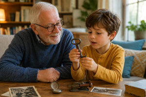 Grandparent and child examining an old household object together while sharing stories and memories.