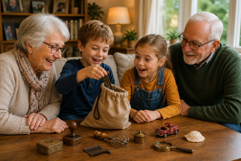 Two children taking turns pulling objects from a mystery bag while their grandparents watch and enjoy the activity together.