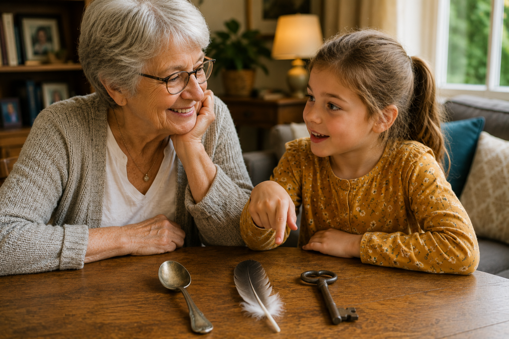 Grandmother and young girl creating a story together using a spoon, feather, and old key on a wooden table.