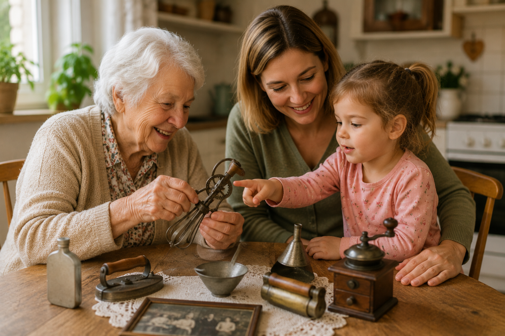 Three generations sitting at a kitchen table looking at old household objects and discussing what they were used for.