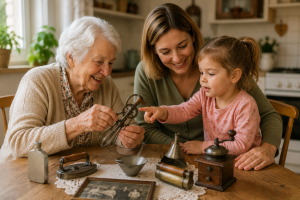 Three generations sitting at a kitchen table looking at old household objects and discussing what they were used for.